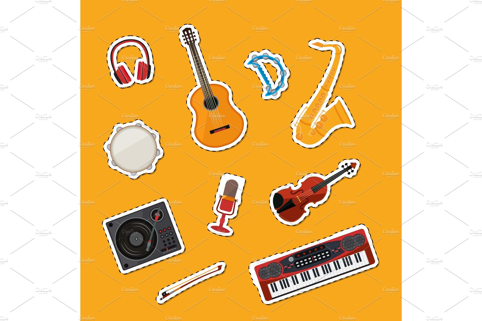 Vector cartoon musical instruments cover image.