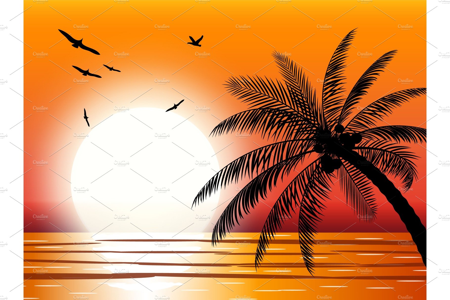 Silhouette of palm tree on beach. cover image.