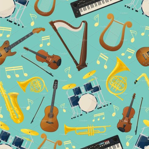 Seamless pattern with music guitar and drum kit cover image.