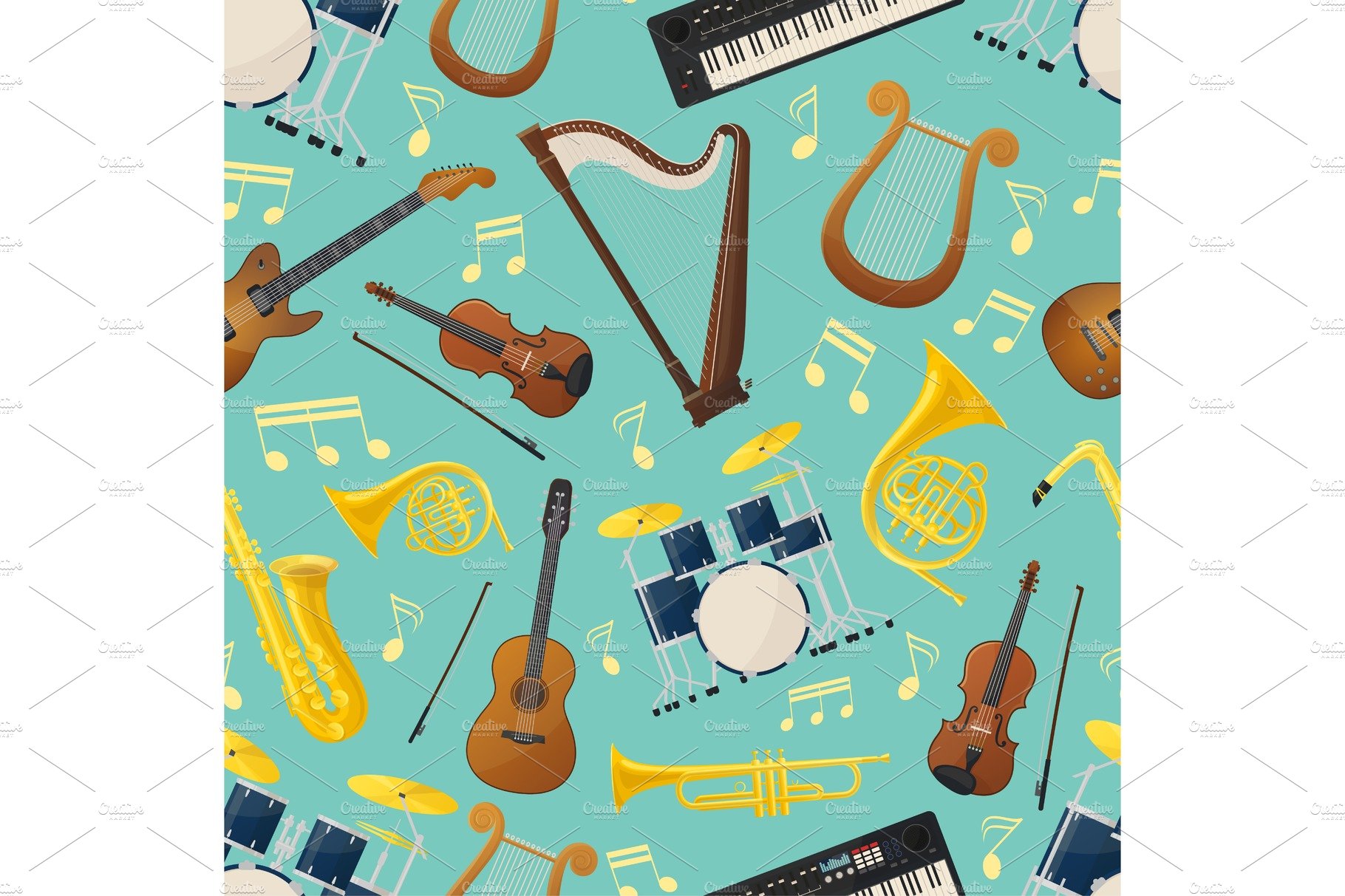 Seamless pattern with music guitar and drum kit cover image.