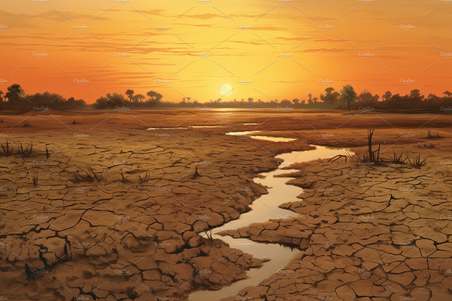 Dry land at sunset, representing drought and lack of water, climate change ... cover image.