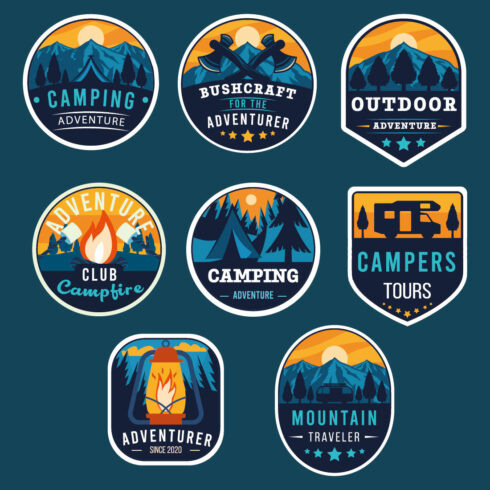 Set of adventure outdoor concept badges, summer camping emblem, mountain themed logos cover image.
