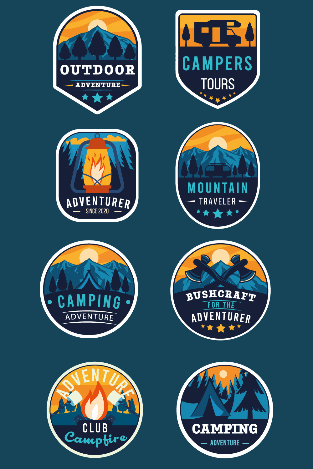 Set of adventure outdoor concept badges, summer camping emblem, mountain themed logos pinterest preview image.