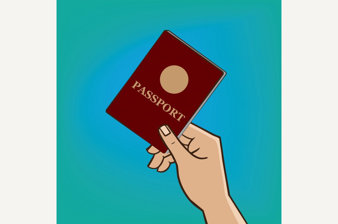 Outstretched hand with passport cover image.