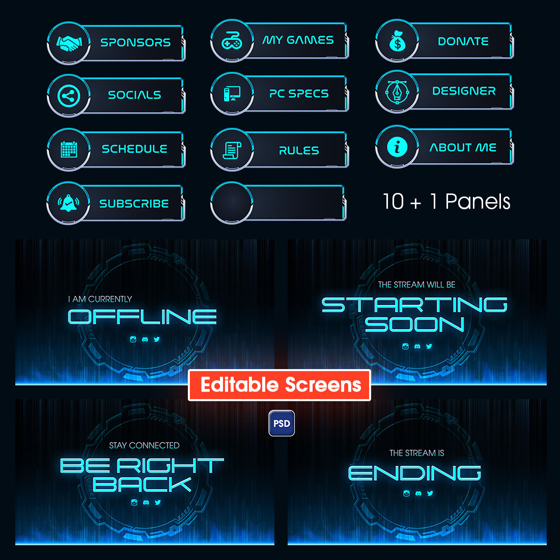 Futuristic Sci-fi Twitch Gaming Stream Overlay pack Blue - Facecam, x10 panels, x4 Intermission Screens preview image.