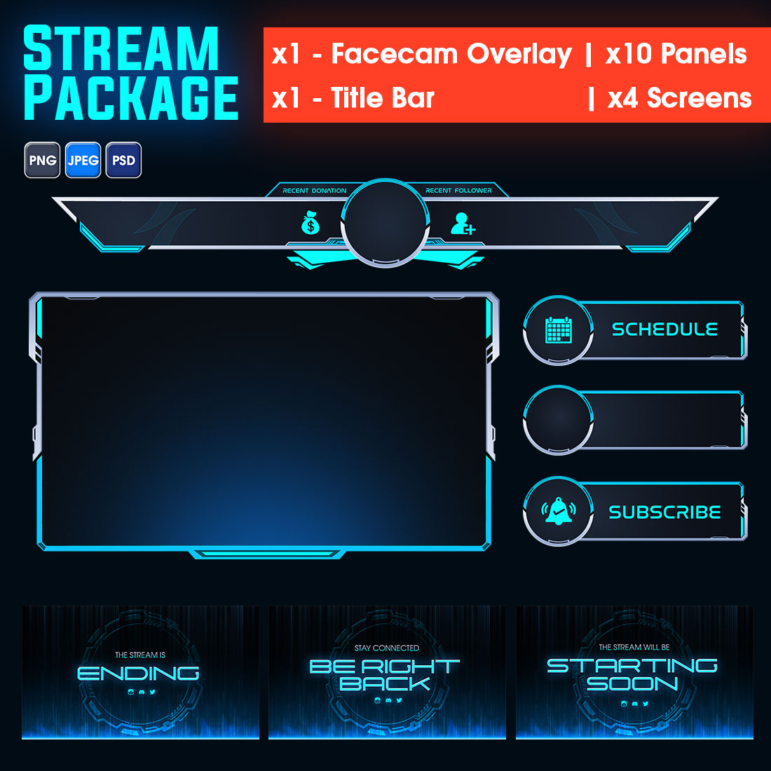 Futuristic Sci-fi Twitch Gaming Stream Overlay pack Blue - Facecam, x10 panels, x4 Intermission Screens cover image.