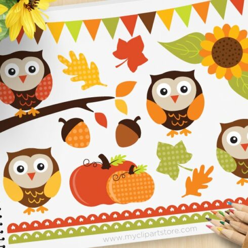 Autumn Owls Vector Clipart, SVG cover image.