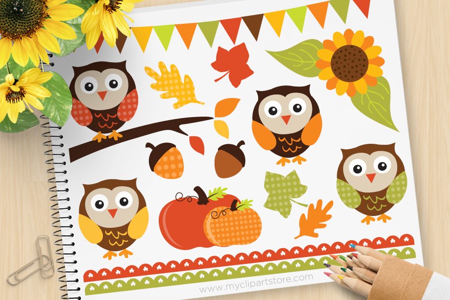 Autumn Owls Vector Clipart, SVG cover image.