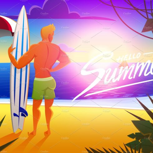 Surfer on the ocean beach at sunset with surfboard. vector illustration, vi... cover image.