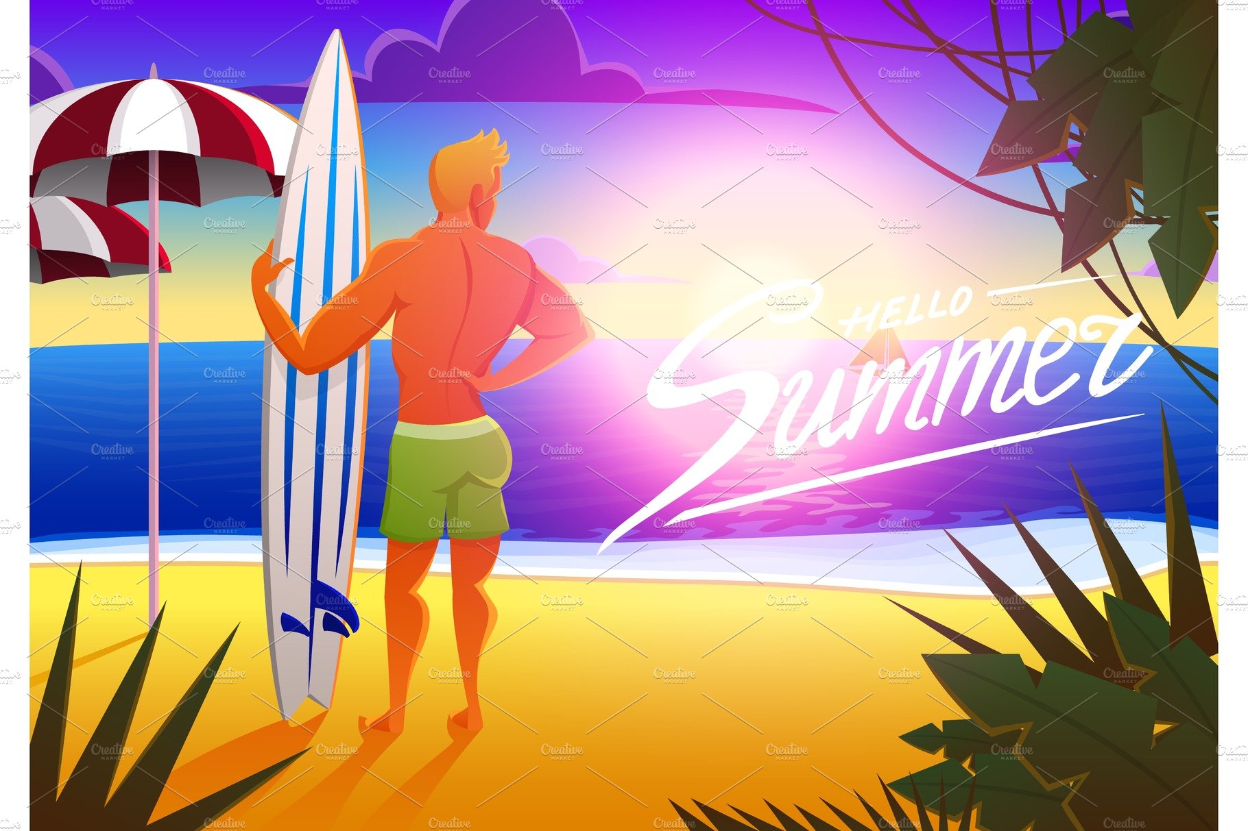 Surfer on the ocean beach at sunset with surfboard. vector illustration, vi... cover image.