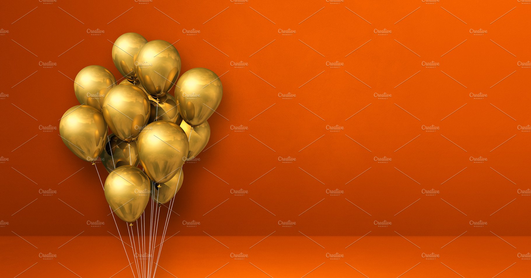 Gold balloons bunch on orange wall background. Horizontal banner cover image.