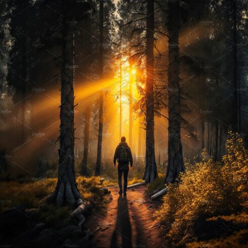 Hiking concept. Someone going walk among the forest in sunny rays, back vie... cover image.