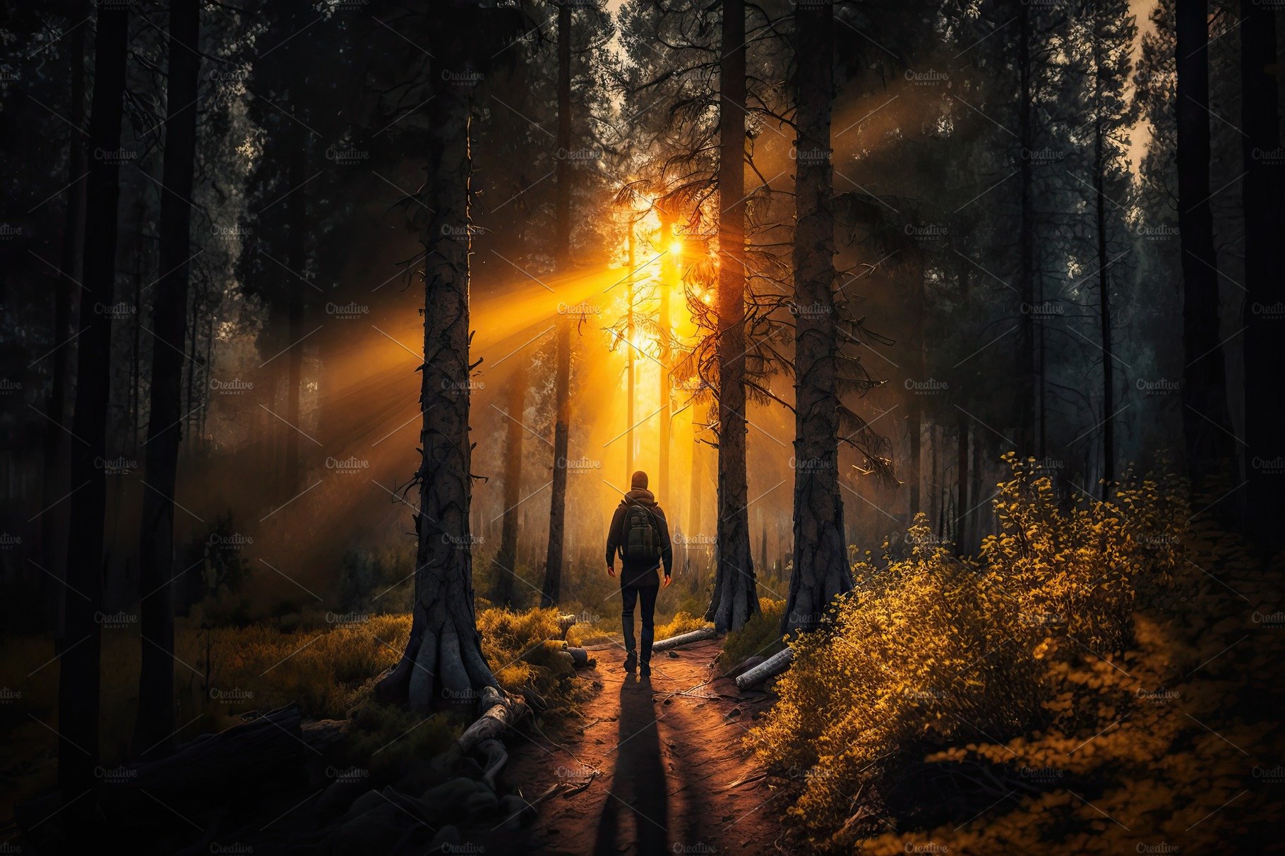 Hiking concept. Someone going walk among the forest in sunny rays, back vie... cover image.