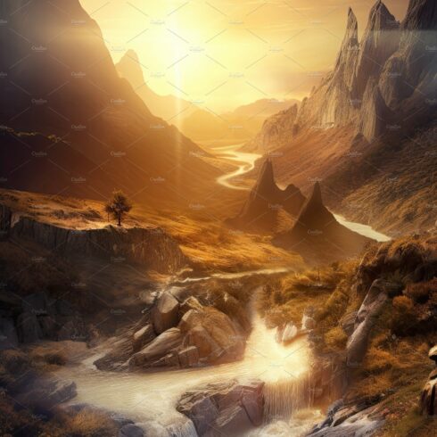 Beautiful vertical landscape with tall mountains, waterfall and a river. Ge... cover image.