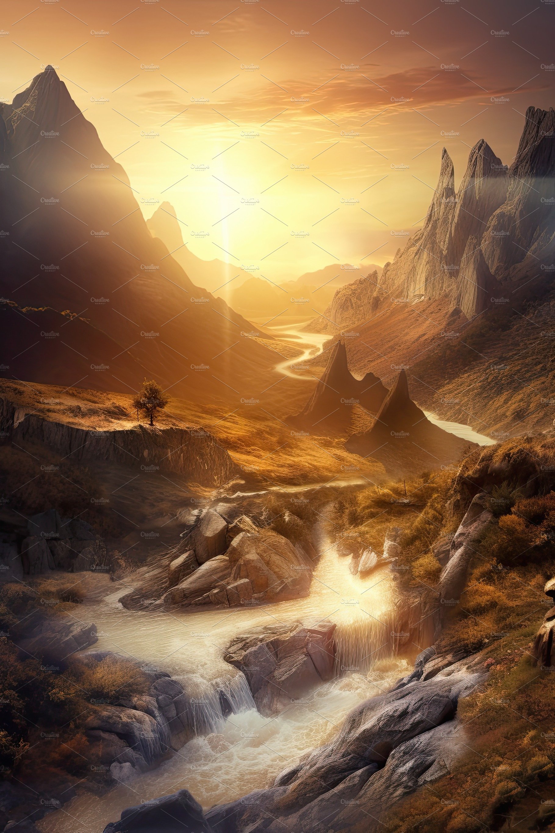 Beautiful vertical landscape with tall mountains, waterfall and a river. Ge... cover image.