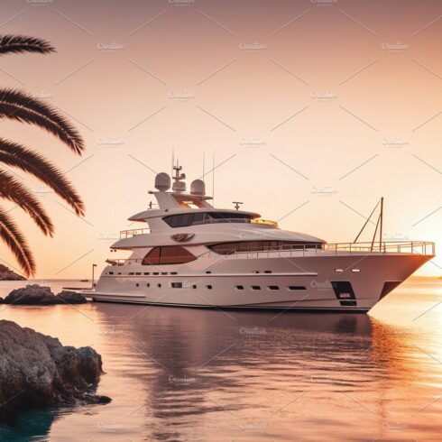 Luxury yacht docked in bay at sunset cover image.