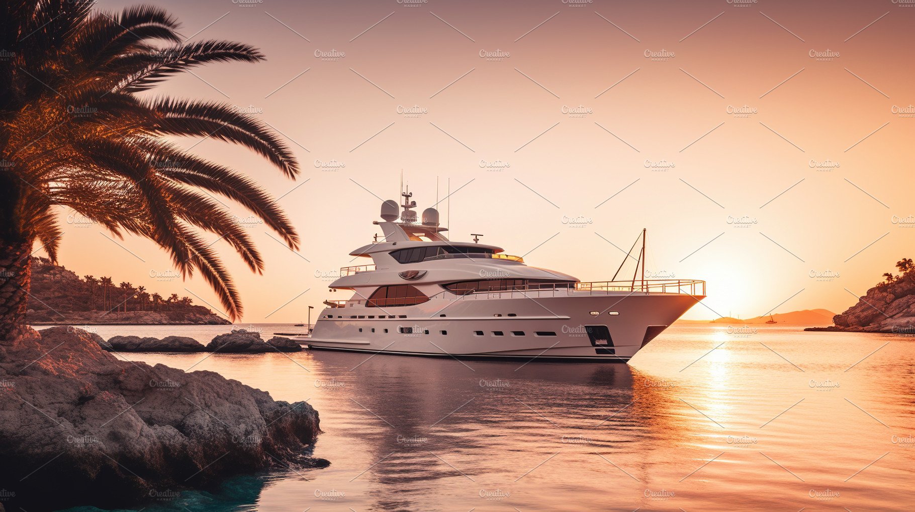 Luxury yacht docked in bay at sunset cover image.