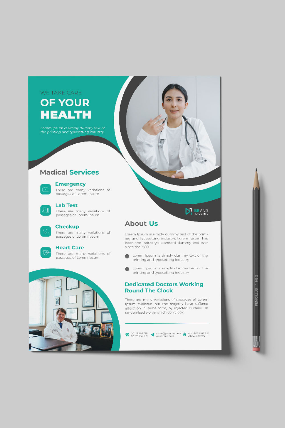 Medical care flyer template design pinterest preview image.