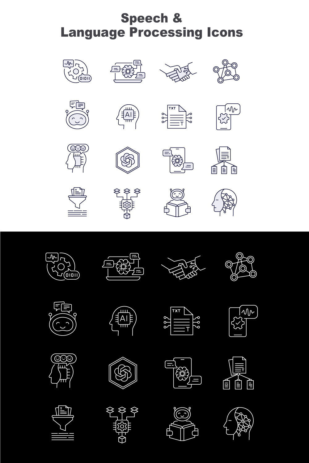 Speech & Language Processing Iconography: Vector Icons for Dialog Systems and Language Processing Editable Stroke and Colors pinterest preview image.