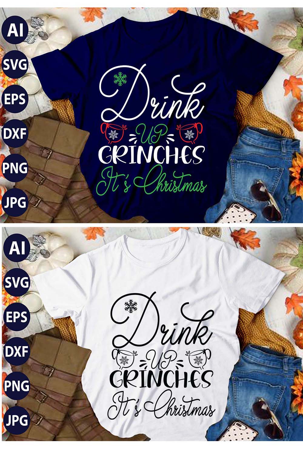 Drink UP Grenache It's Christmas, SVG T-Shirt Design |Christmas Retro It's All About Jesus Typography T-shirt Design | Ai, Svg, Eps, Dxf, Jpeg, Png, Instant download T-Shirt | 100% print-ready Digital vector file pinterest preview image.