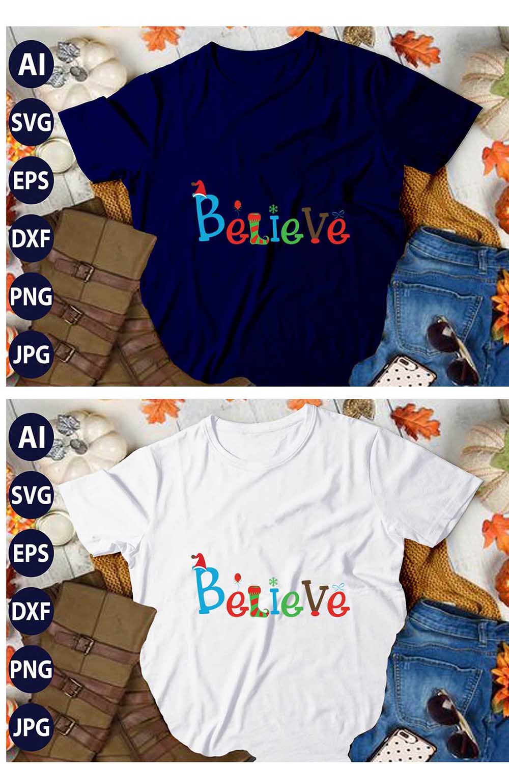 Believe Christmas, SVG T-Shirt Design |Christmas Retro It's All About Jesus Typography Tshirt Design | Ai, Svg, Eps, Dxf, Jpeg, Png, Instant download T-Shirt | 100% print-ready Digital vector file pinterest preview image.