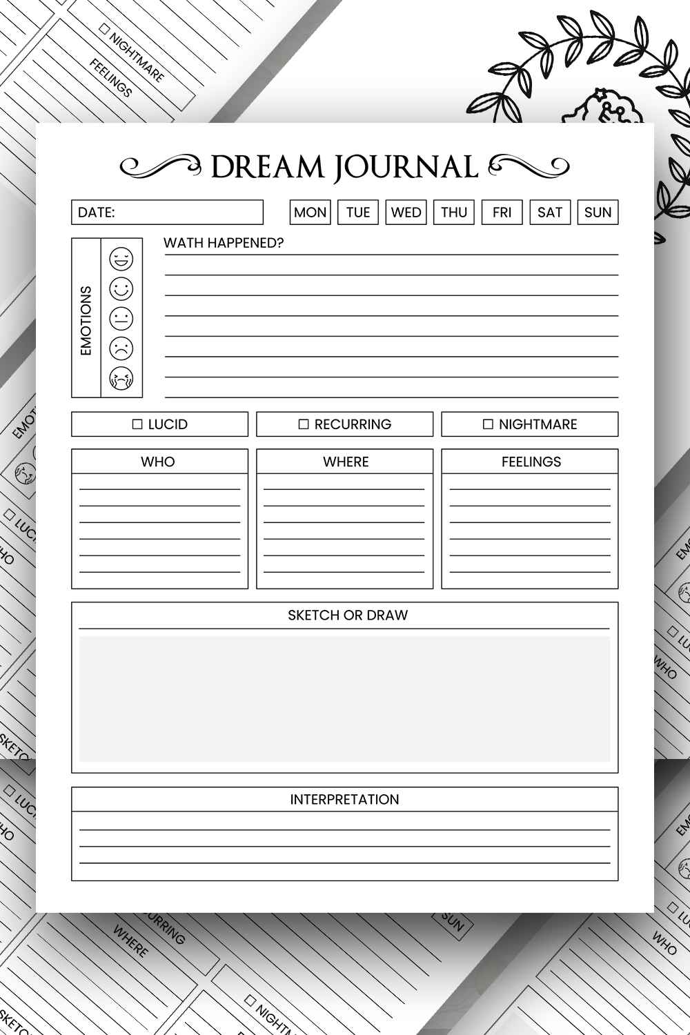 Dream Journal Planner Log Book - Low Content KDP Interior pinterest preview image.