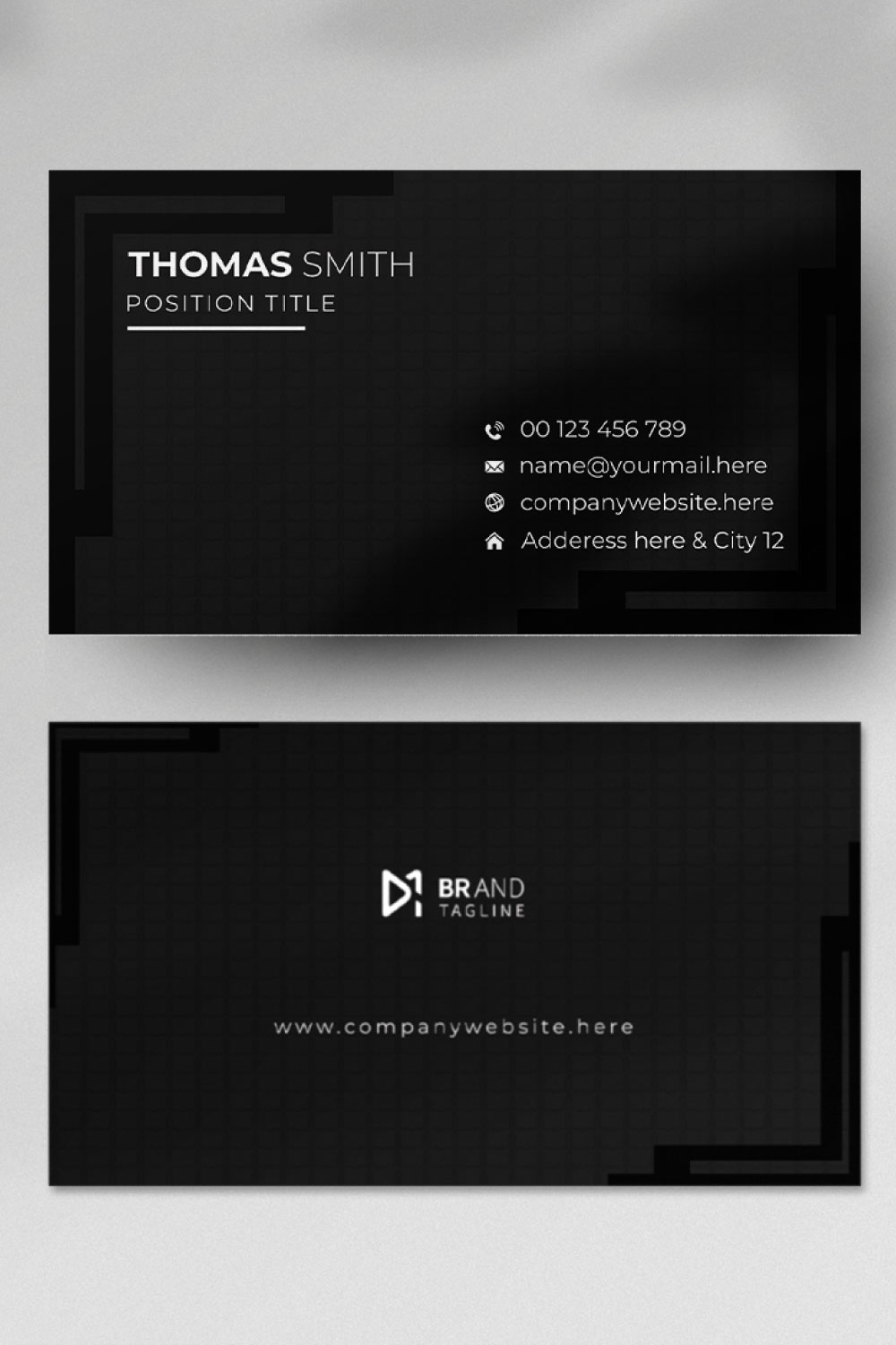 Black business card design template pinterest preview image.