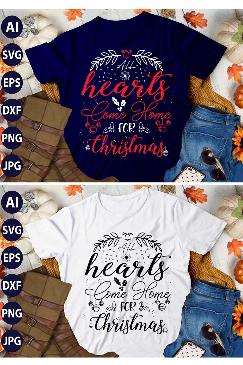 All Hearts Come Home For Christmas, SVG T-Shirt Design |Christmas Retro It's All About Jesus Typography Tshirt Design | Ai, Svg, Eps, Dxf, Jpeg, Png, Instant download T-Shirt | 100% print-ready Digital vector file pinterest preview image.