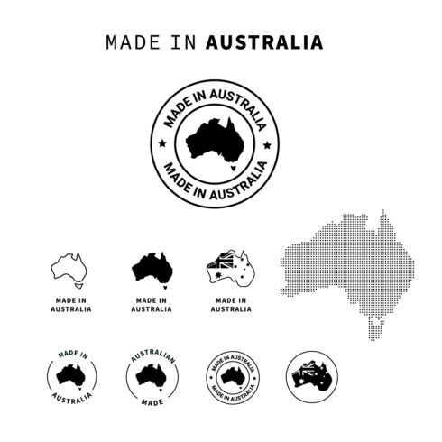 Made in Australia Vector Icon Set Australian-Made Badge Symbols Australia Outline Icon Pack Made in Australia icon Stamp made in with country map cover image.