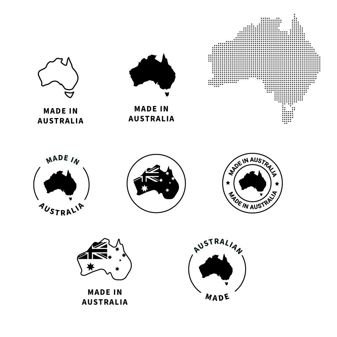 Made in Australia Vector Icon Set Australian-Made Badge Symbols Australia Outline Icon Pack Made in Australia icon Stamp made in with country map preview image.