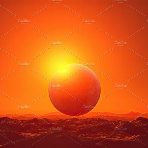 Hot sunset with a red sun on the background in the summer. Generative AI cover image.