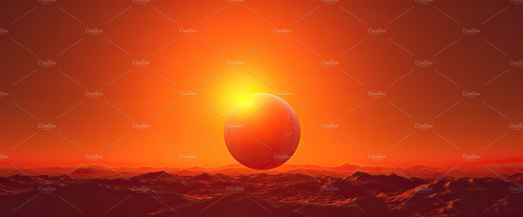 Hot sunset with a red sun on the background in the summer. Generative AI cover image.