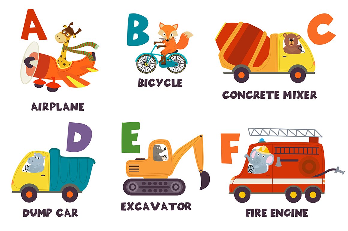 alphabet with transport and animals preview image.