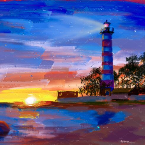 Lighthouse sea at sunset landscape cover image.