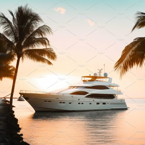 Luxury motor yacht in sea at sunset cover image.