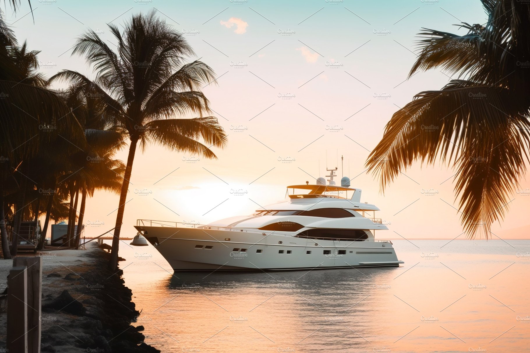 Luxury motor yacht in sea at sunset cover image.