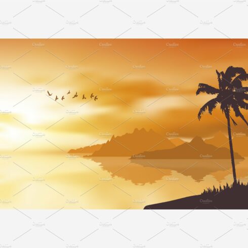 Palm tree and orange sunset vector cover image.