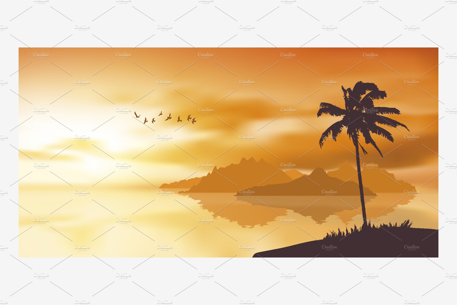 Palm tree and orange sunset vector cover image.