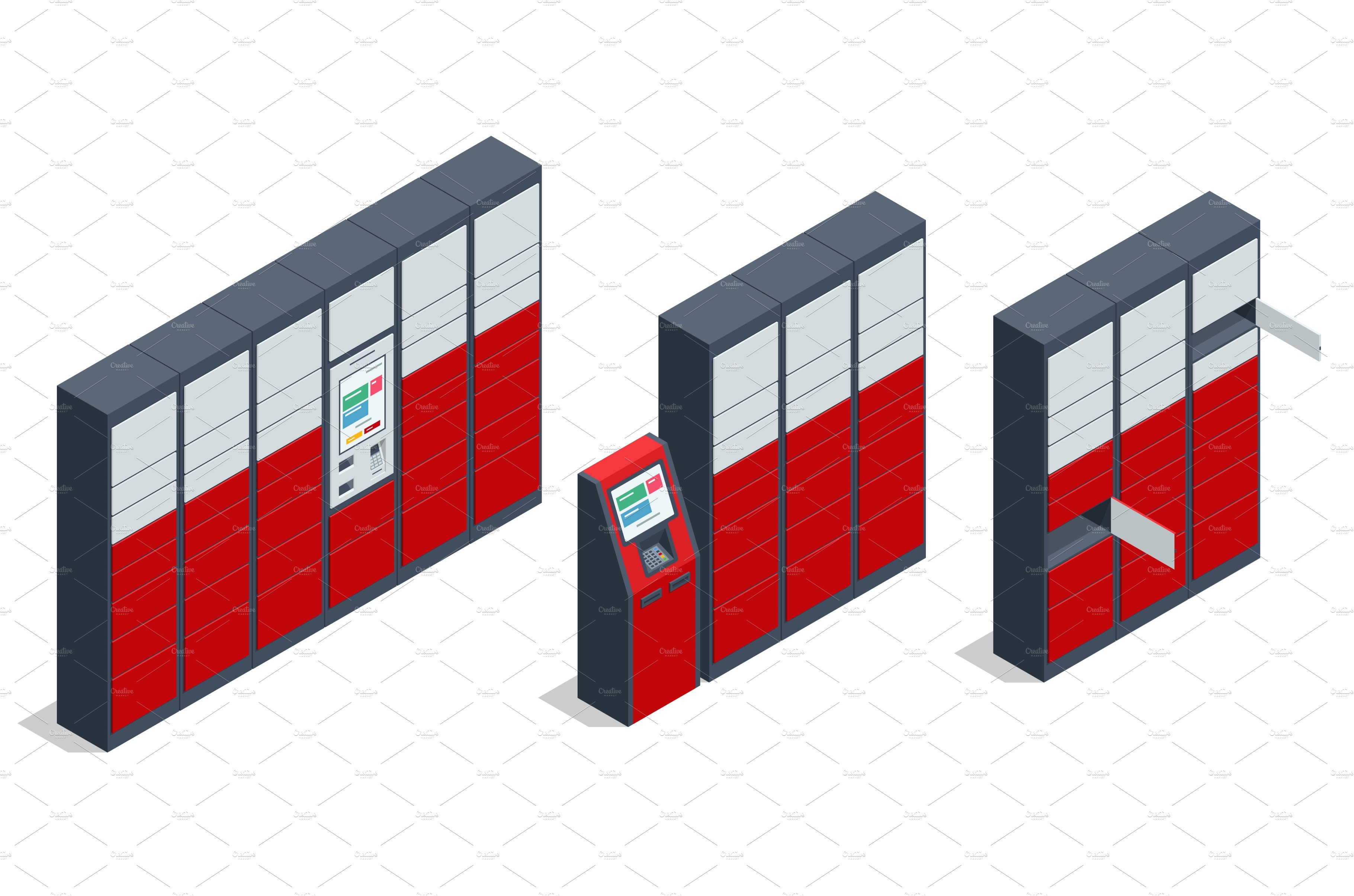 Isometric parcel locker. Postman and cover image.