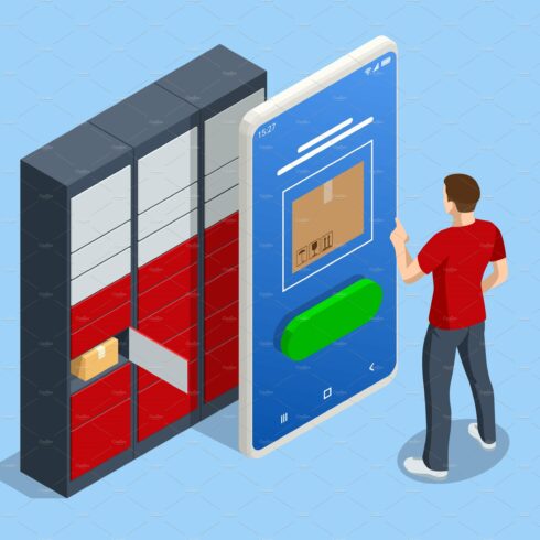 Isometric parcel locker. Postman and cover image.