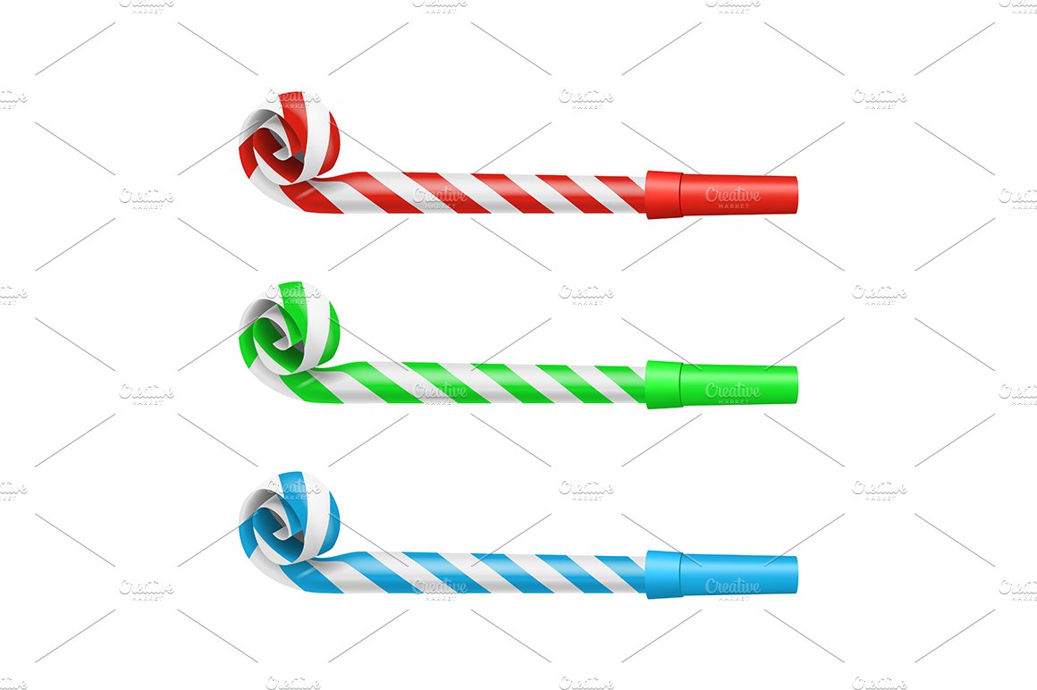 Party Blower Whistles Set. Vector cover image.