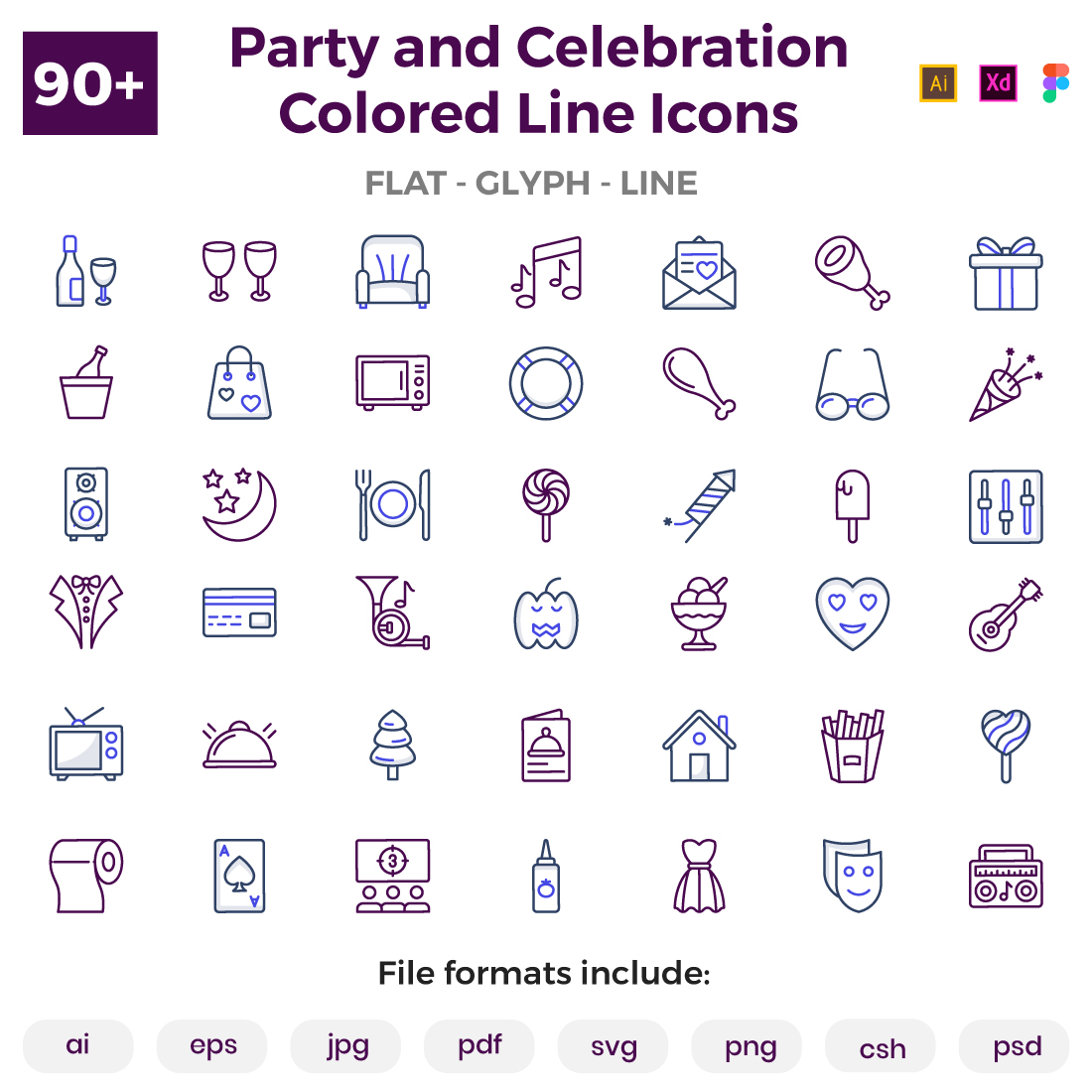 90+ Party and Celebration Colored Line Icons cover image.