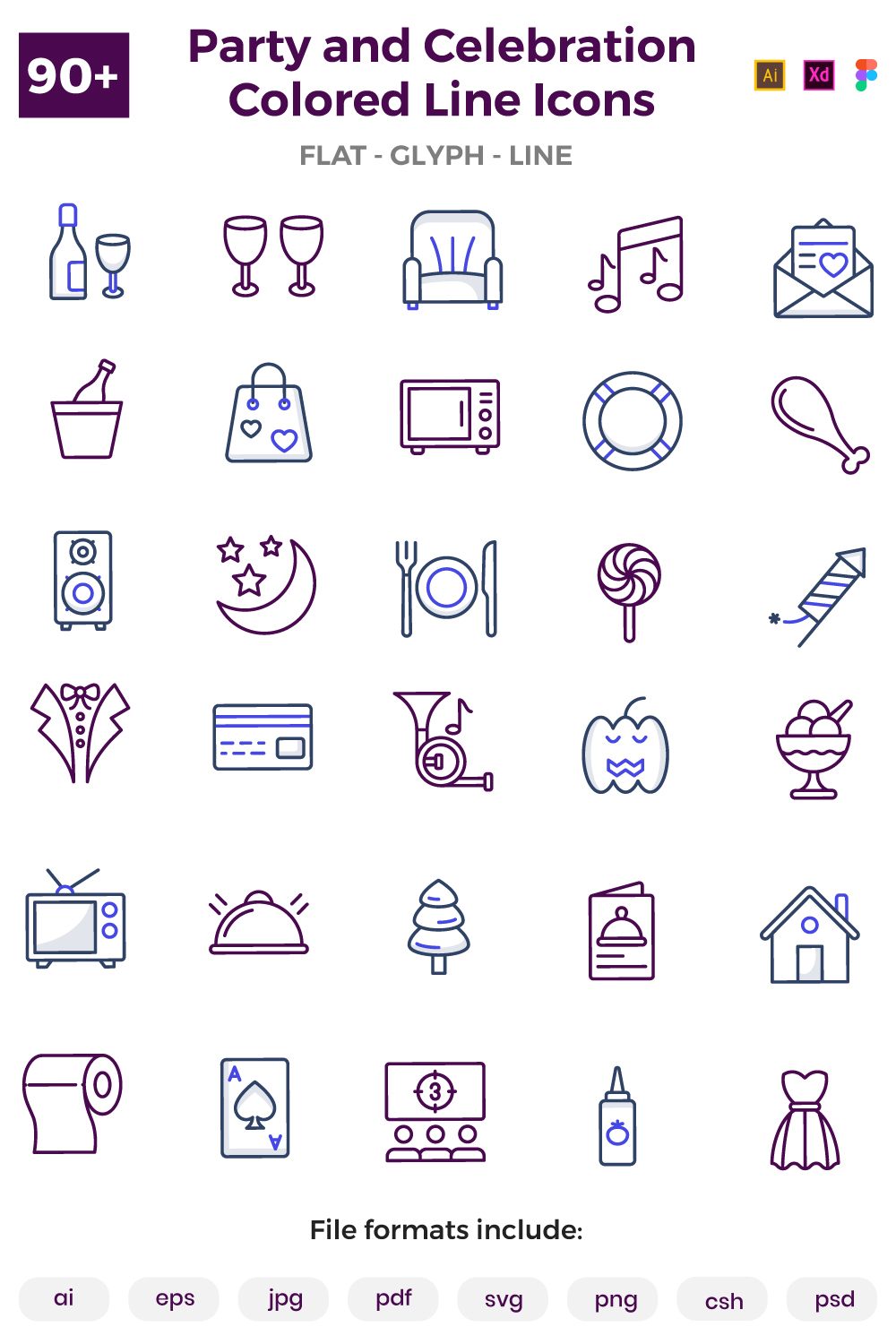 90+ Party and Celebration Colored Line Icons pinterest preview image.