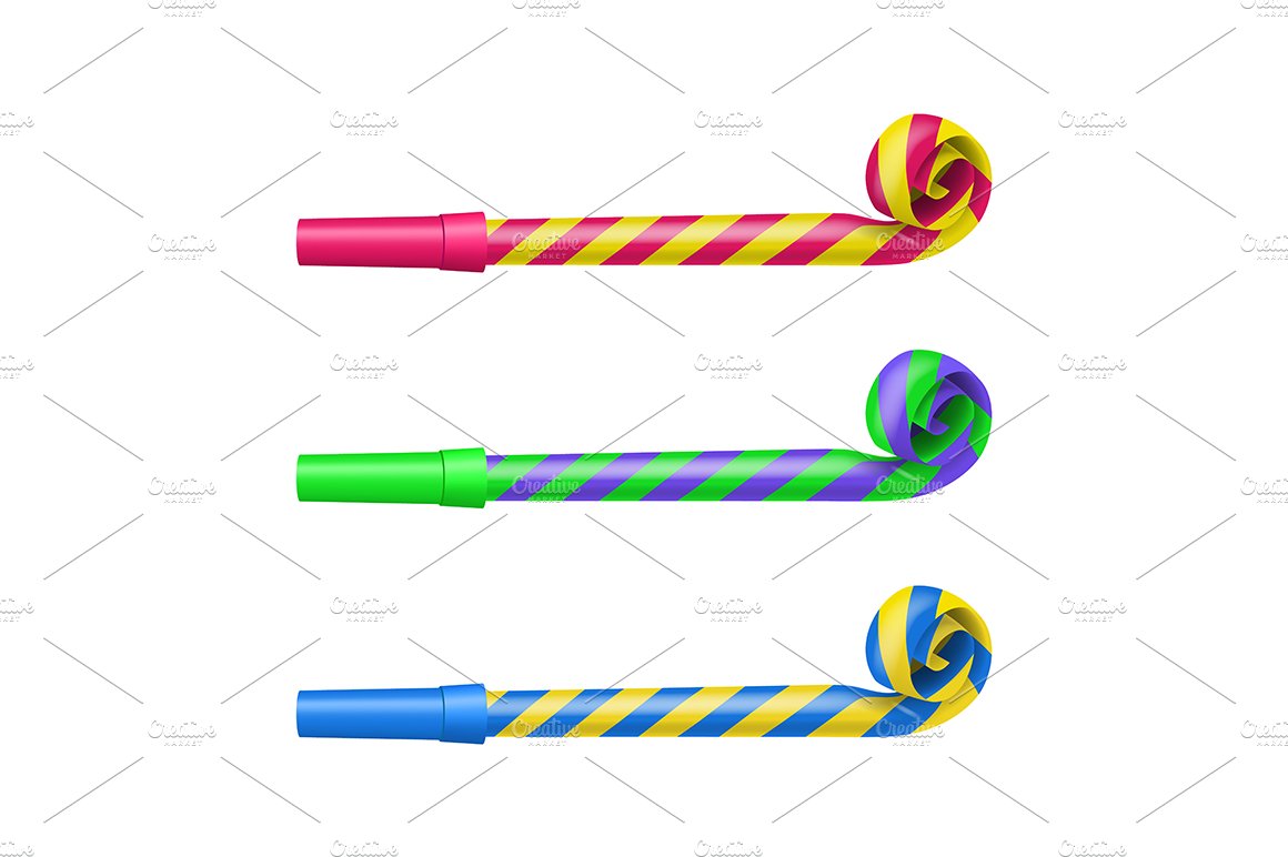Party Blower Whistles Set. Vector preview image.