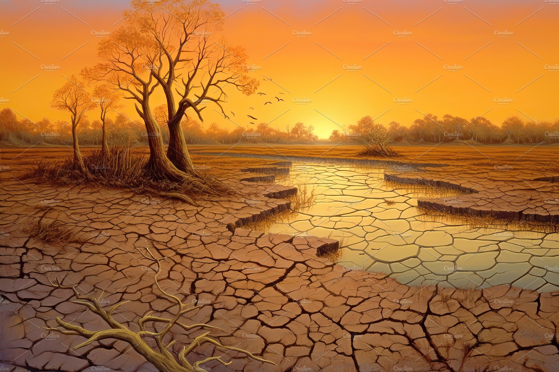 Dry land at sunset, representing drought and lack of water, climate change ... cover image.