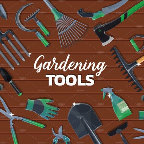 Spade, fork, rake gardening tools cover image.