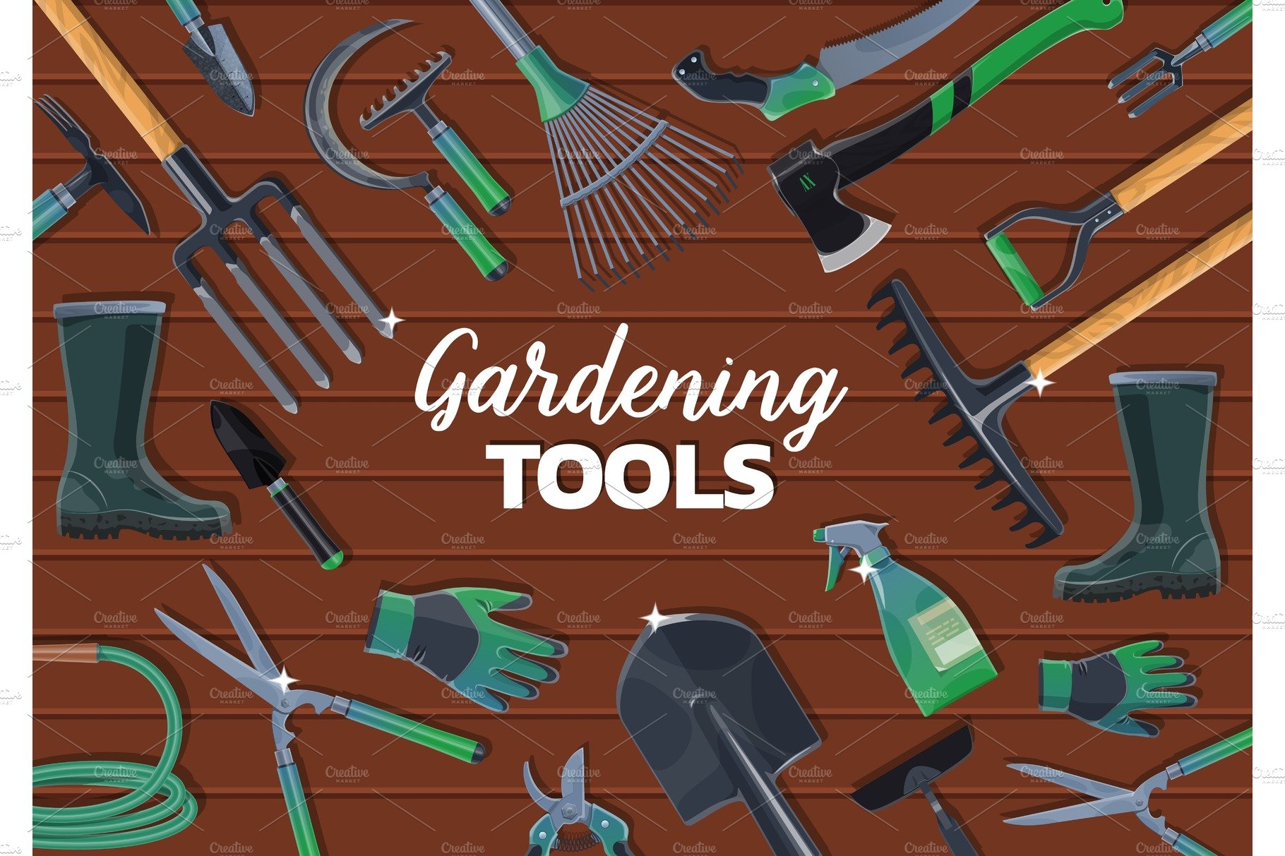 Spade, fork, rake gardening tools cover image.