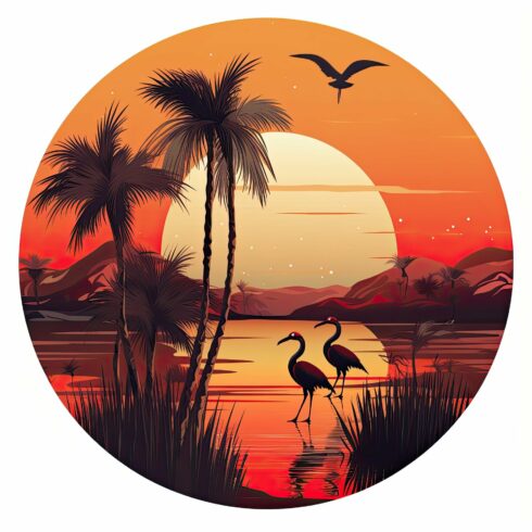 Orange sunset landscape in a circle. Evening on the beach with palm trees. ... cover image.