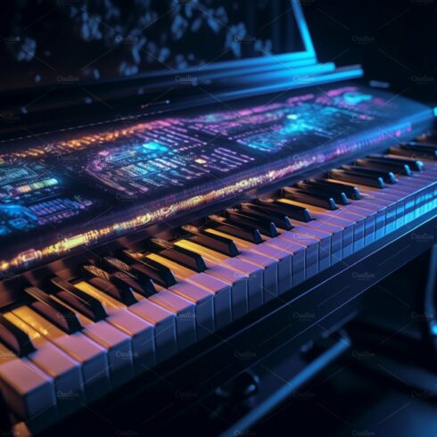 Piano Keyboard with neon lights illumination. Cyberpunk musical concept of ... cover image.
