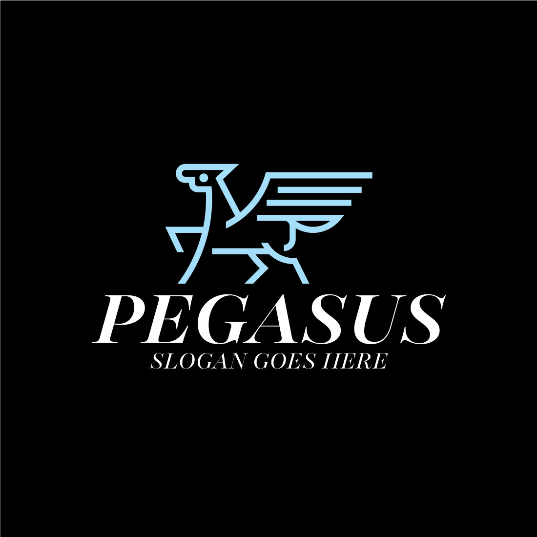 Blue horse Pegasus Outline logo design template preview image.